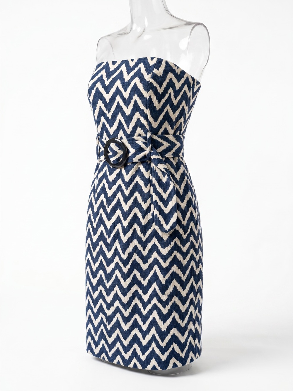 MILLY of New York Strapless Chevron Tweed Pencil Dress. Indigo Blue and White - Picture 3 of 15